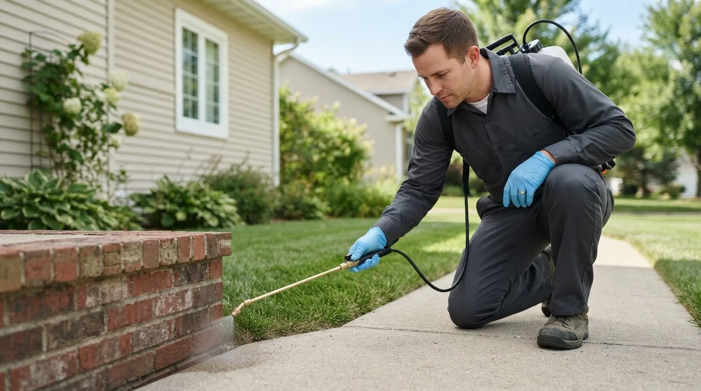Pest control technician treating a home near Tigard, OR